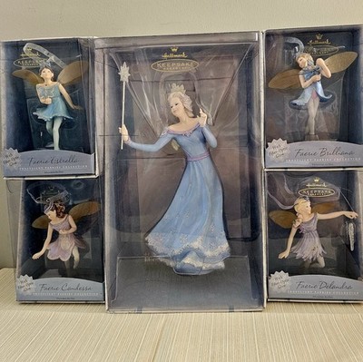 NIB Hallmark 2001 Christmas Frostlight Four Faeries + Queen Aurora Ornaments