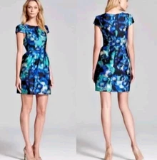 SHOSHANNA Silk Blend Mini Sheath Dress Sz 2 Blue Monet Watercolor Floral Print