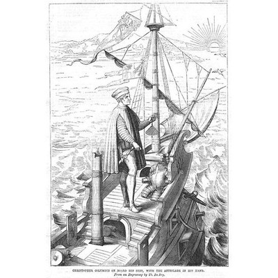 CHRISTOPHER COLUMBUS an Bord seines Schiffes mit Astrolabium in der Hand - antiker Druck 18