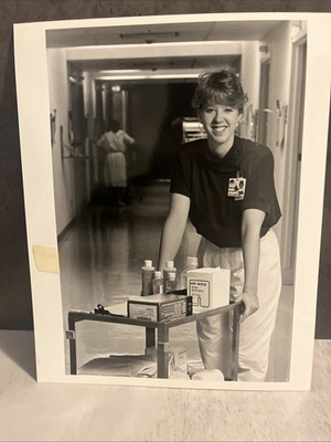 Vintage 1970 s Mount Carmel Hospital Ohio Photo Smiling Nurse Pushing Cart Hall