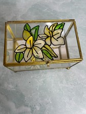 Vintage Glass Trinket Jewelry Box Flowers Mirrored Bottom 5" x 3" footed
