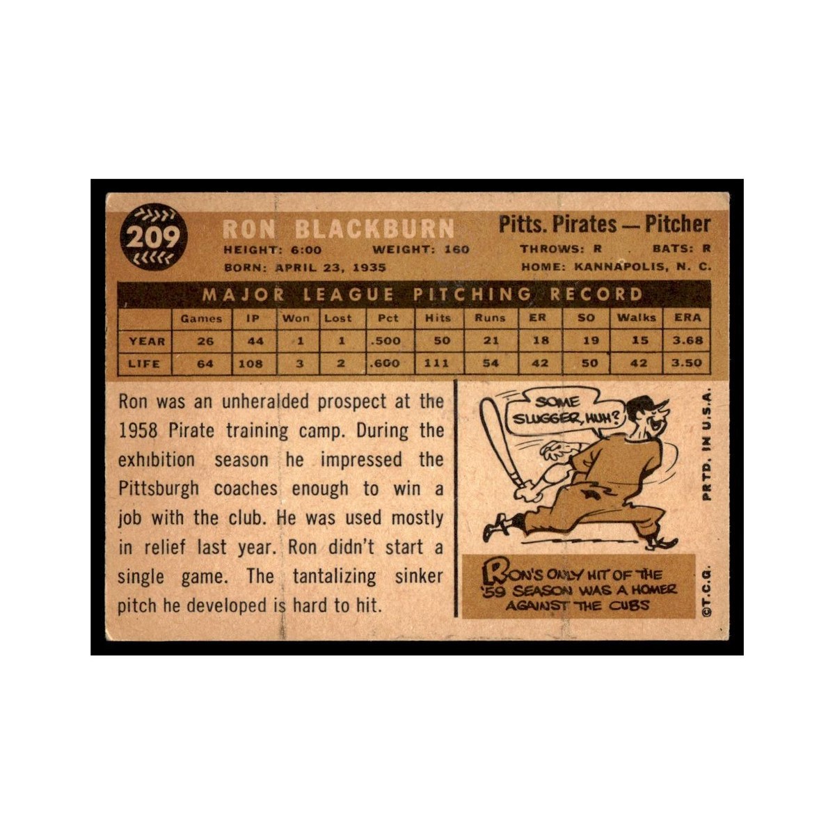 Ron Blackburn 1960 Topps #209 Pittsburgh Pirates Baseball Card EX