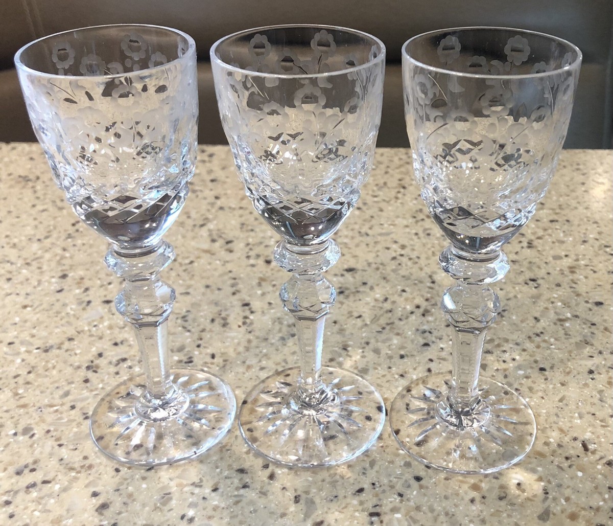 3 RARE ROGASKA CRYSTAL 5 1/8” CORDIAL LIQUOR UNIQUE GREY CUT 