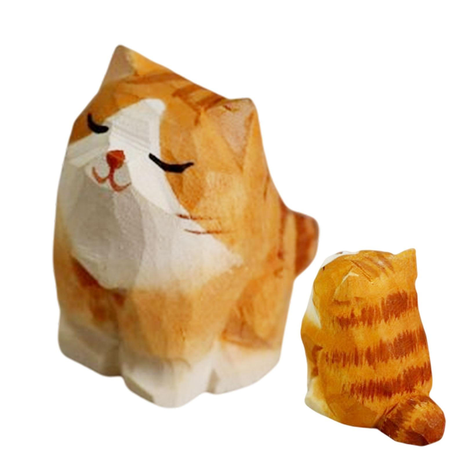 Lifelike Mini Orange Tabby Cat Statue Wood Carved Orange Cat Figurine 1.4