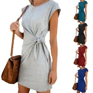 Damenmode Sommer Kurzarm Minikleid Casual Gurtel Kleider Tunika Schlank Party B Ebay