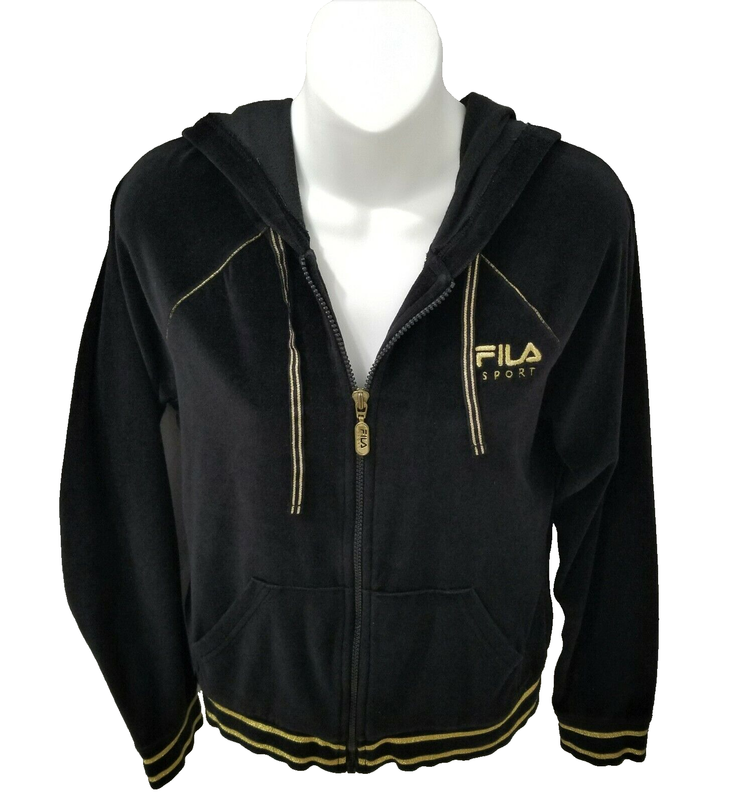 VINTAGE Y2K FILA Sport Donna Taglia M Felpa con Cappuccio Velluto Nero Finitura Oro