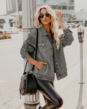 Best Seller! Boyfriend Cut Distressed Gray Studded Jean Jacket