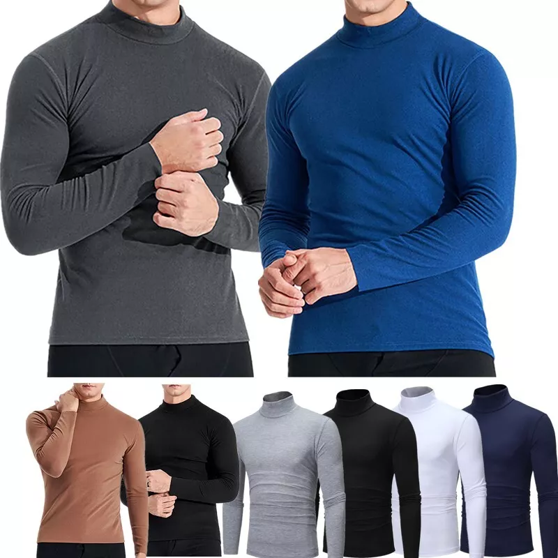 Mens Long Sleeve Mock Neck T shirt Slim Fit Thermal Undershirt