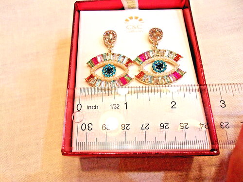Vintage Colorful Crystal Rhinestone Eye Shape Earrings- C&C - Picture 4 of 6