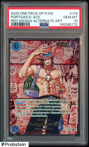 2025 One Piece OP13 EN Red Manga Alternate Art #119 Portgas D. Ace PSA 10