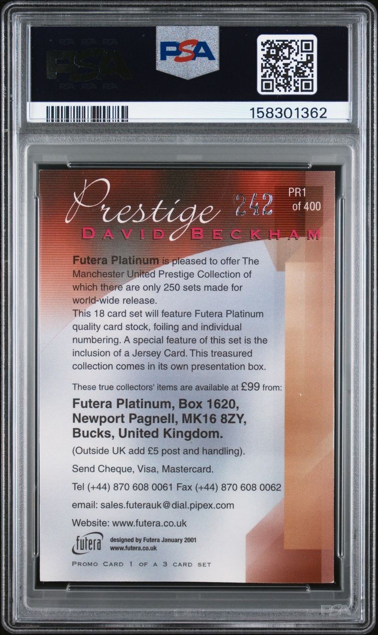 2000-01 Futera Platinum DAVID BECKHAM Prestige Manchester United PROMO PSA 7 view 2