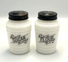 Vintage Hazel Atlas Milk Glass Beehive Sugar Flour Shakers Black & White Retro