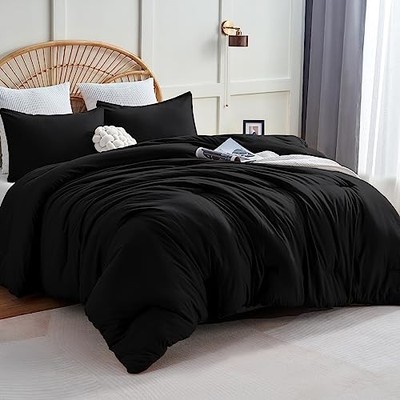 CozyLux Comforter Set 3 Pieces Solid Comforters Size Breathable Queen Black