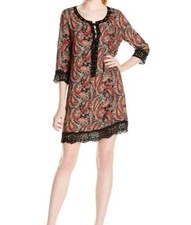Miss Me Red Black Paisley Lace Trim Tasseled Tie Mini Tunic Dress Size Medium