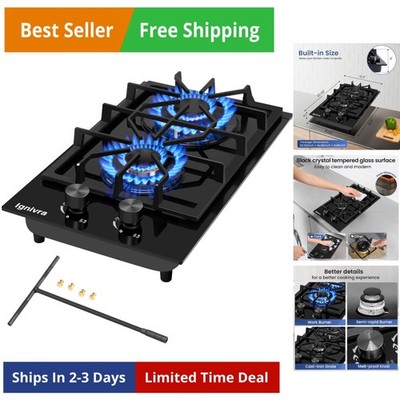 Gas Cooktop 2 Burner,12000W Built-in Gas Stove, Black Crystal Tempered Glass ...