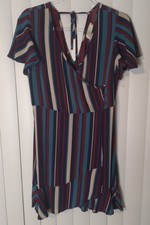Band Of Gypsies Dress Striped Faux Wrap Size Medium V Neck Back Blue Coachella