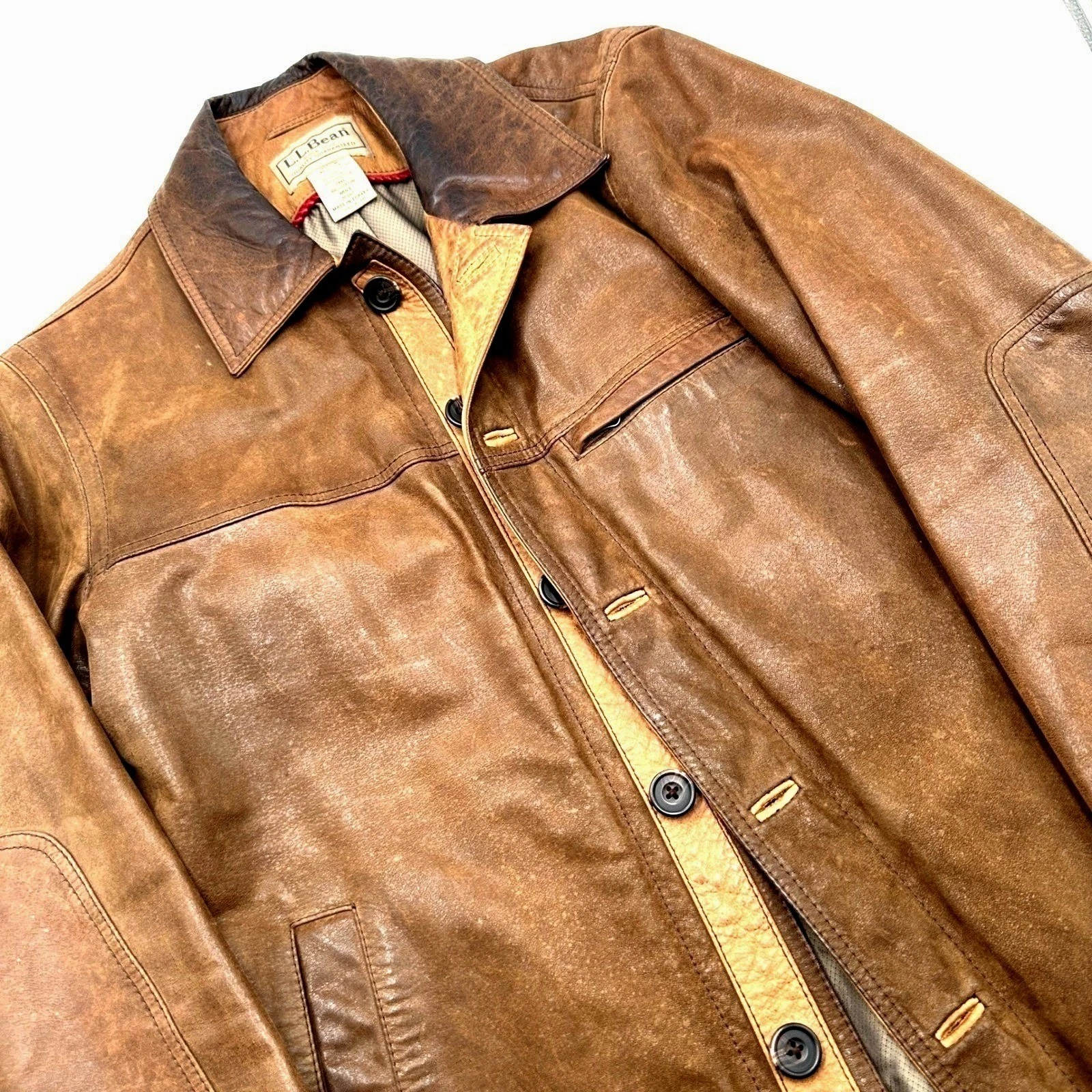 Vintage LL Bean Mens M Brown Leather Barn Jacket Distressed Heritage Workwear image 1
