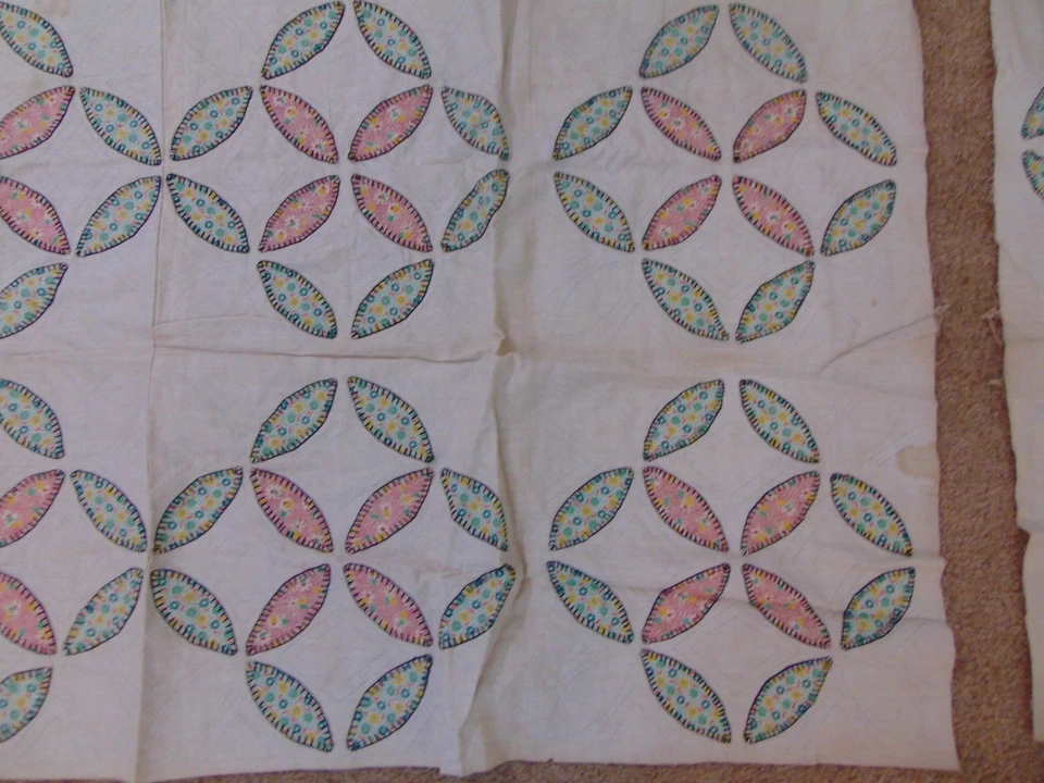 1930s Quilt Blocks-12 pc -23"x23"-Vintage Flowers-Applique/Embroidery-FREE SHIP - Image 2 of 4
