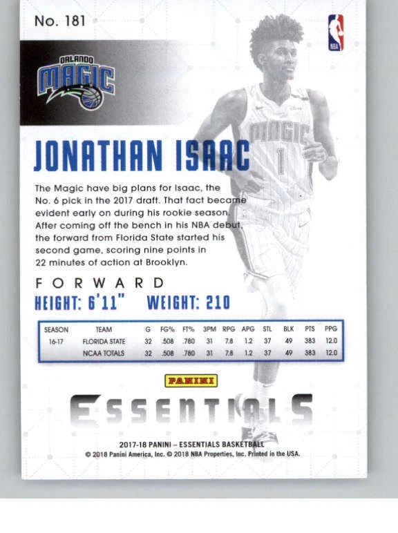 2017-18 Panini Essentials #181 Jonathan Isaac RC (ref 144163) - Image 2 of 2
