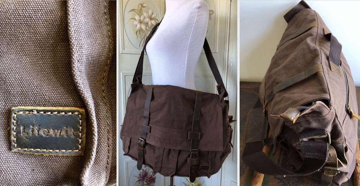 LIFEWIT DARK BROWN CANVAS LEATHER XL MESSENGER DUFFEL TRAVEL
