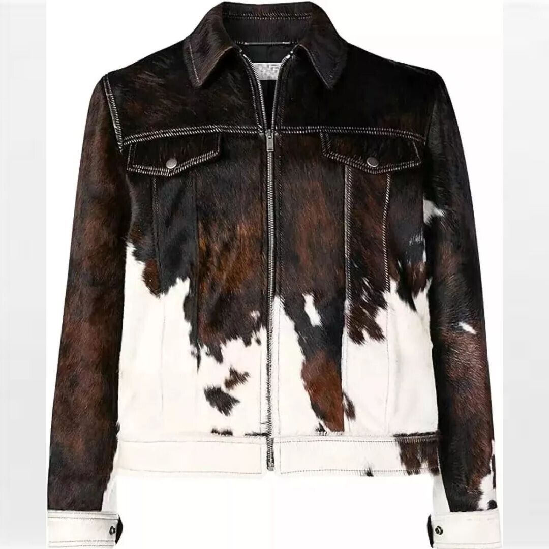 PONY Giacca da uomo in pelle di mucca con capelli vera pelle di cavallo stampa animalier cappotto premium