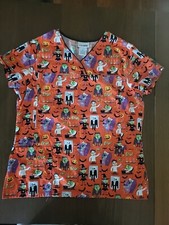Halloween Horror Monsters Spooky Orange Scary Women's Scrub Top M Scrubs
