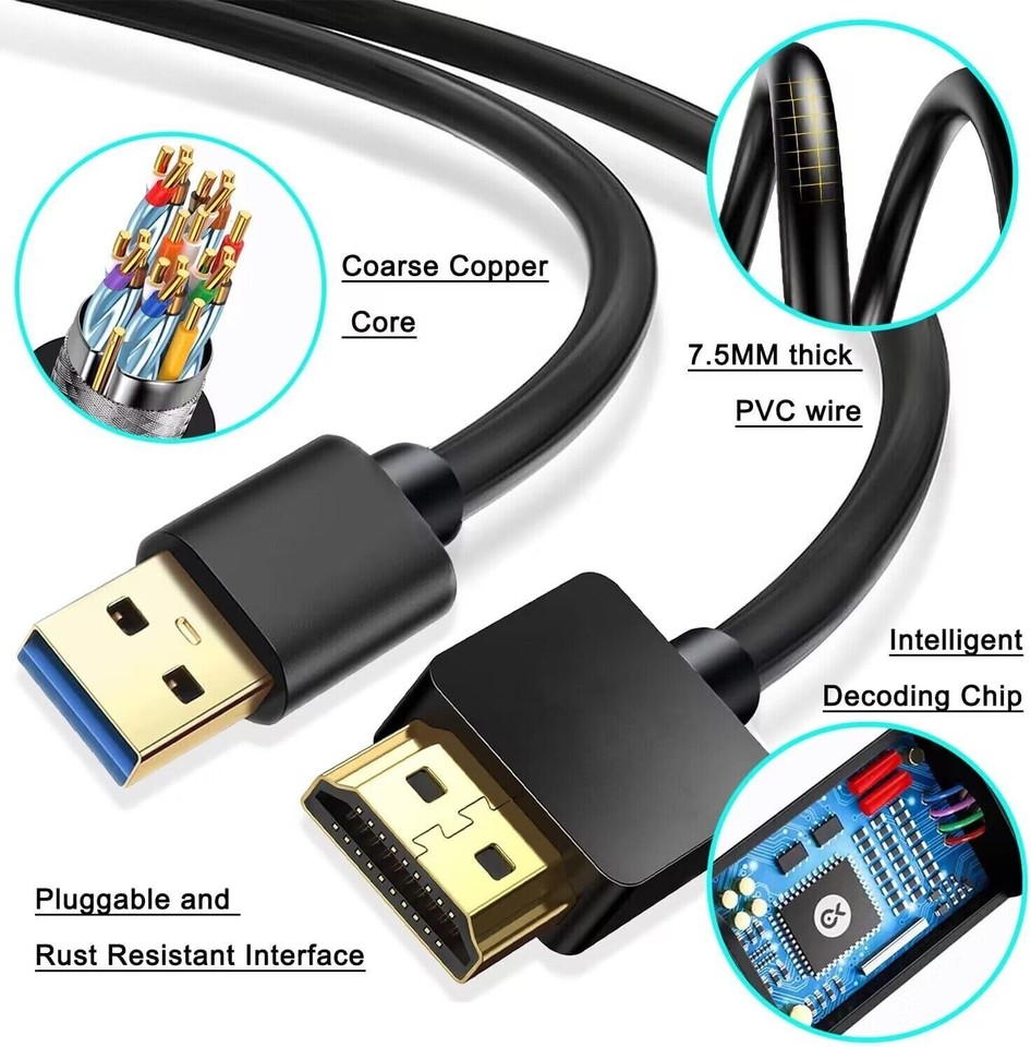 4K HD USB to HDMI Adapter Cable, USB 3.0 to HDMI Male HD Monitor