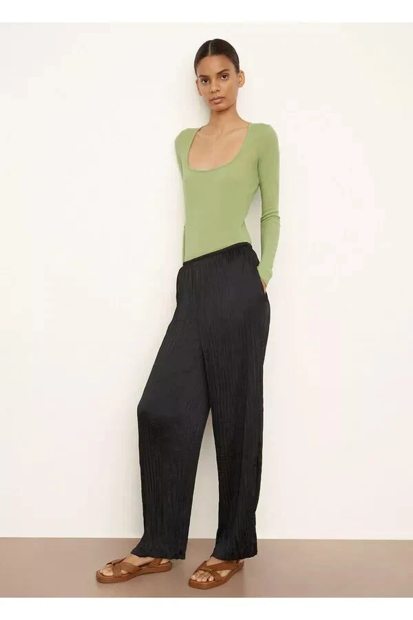 $375 VINCE Crushed Pull-On Pant S Black Silk Fabric Wide Leg Elastic Waist