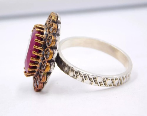 8.40 Gm Lab Created Ruby & C.Z. Stone 925 Sterling Silver Two Tone Ring 6.7" US - Picture 4 of 4