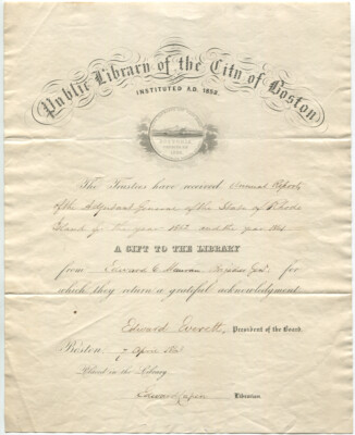 American Orator Edward Everett Signed Document as Pres Board of Boston Pub Lib