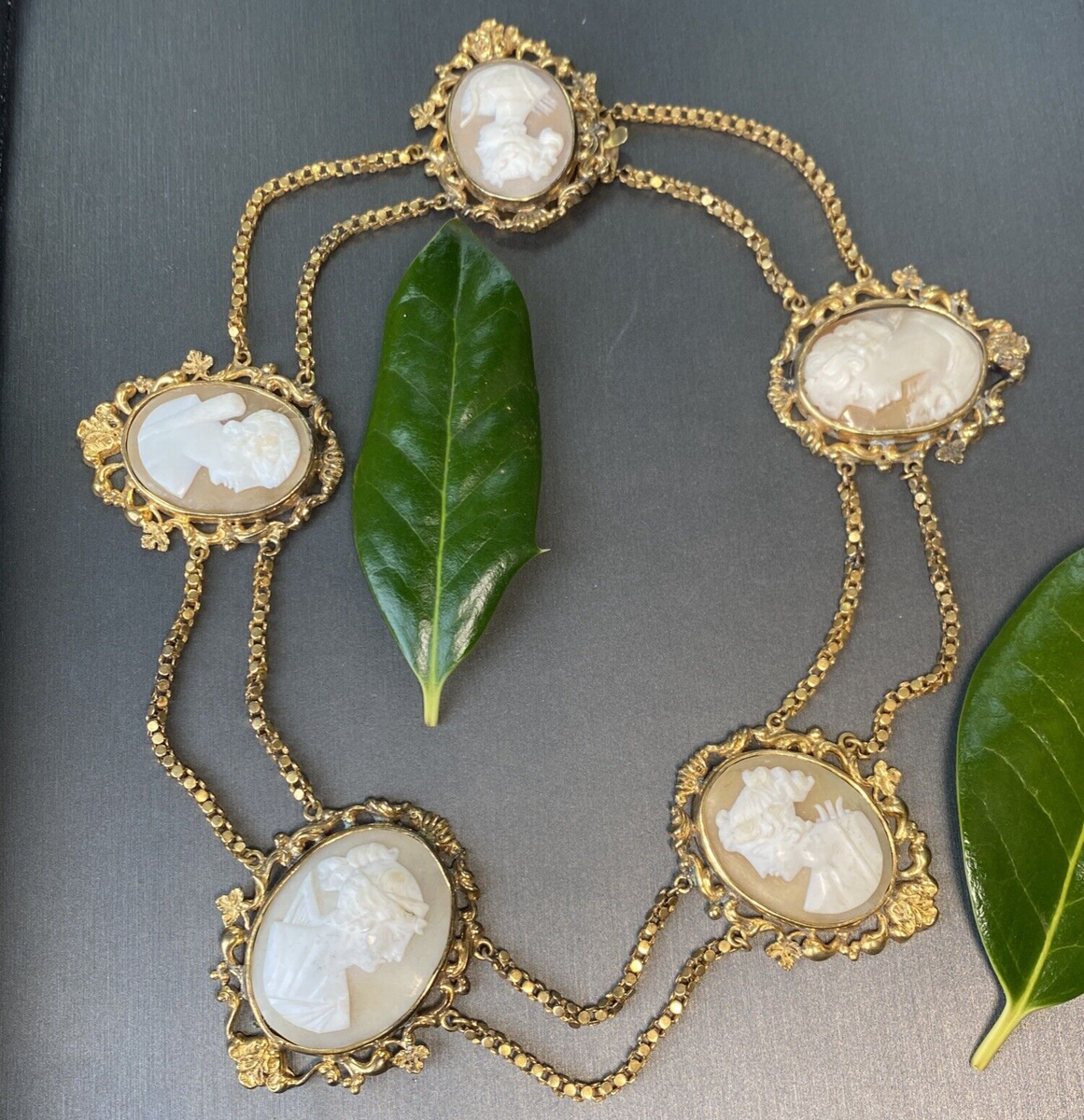 Hand Carved 5 Shell Cameo Gold Plated Festoon Vintage Choker