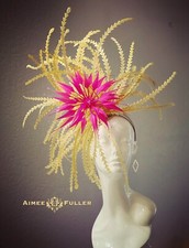 Aimee Fuller Kentucky Derby Fascinator Hot Pink Buttercream Feather Hat Del Mar