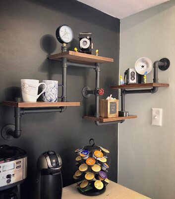 Industrial Rustic Modern Wood Ladder Pipe Wall Shelf 4 Layer Pipe Design Bookshe