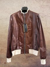 G.Inglese Brown Genuine Leather Jacket Lined in Light Blue Linen Elastic Size 52 L