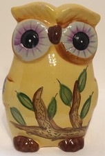 Ceramic Owl Bank Hand Painted Yellow Big Eyes