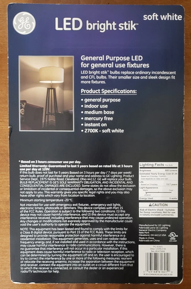 GE Bright Stik 9w LED Light Bulb 60W replacement Soft white (6-Bulbs) 2700k NEW - Image 2 of 2