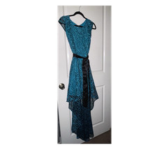 Blue Hi-Low Lace Embroidered Sleeveless Dress with Black Sash, Boat Neck, EU 38