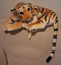 "Tigre de Bengala realista y cachorro bebé 18"" peluche naranja blanco gato grande"