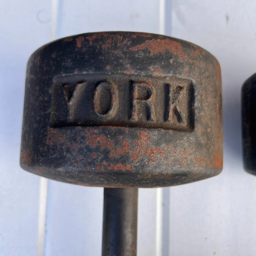Par de mancuernas York Roundhead vintage 60 libras hierro estampado libras EE. UU. Foto 3 de 4