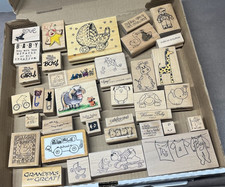 Lot of 38 Misc. Wood Mounted Rubber Stamps New Baby Shower Theme Animals Words