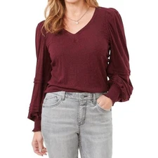Democracy Peasant Puff Sleeve Blouse Large Maroon Garnet Boho Cottage Indie 