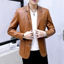 In USA Men's Blazer New Long Sleeve Leisure Single Breasted Faux Leather US L