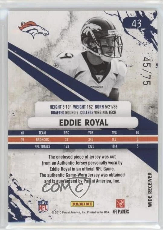 2010 Panini Rookies & Stars Longevity Sapphire Materials /75 Eddie Royal #43 - Image 2 of 2