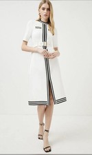 Karen Millen Cream Knit Midi Dress Size S Black Stripe Military Bit Detail Belt