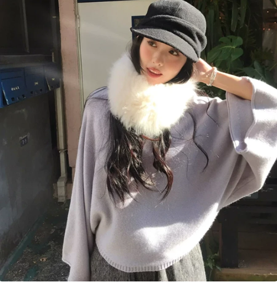 Real Sheepskin Scarf Shawl Women's Winter Otter Rabbit Lining Warm Scarf Clip