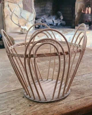 Retro Small Natural Rattan And Wood Open Weave Basket Plant Storage Boho Look