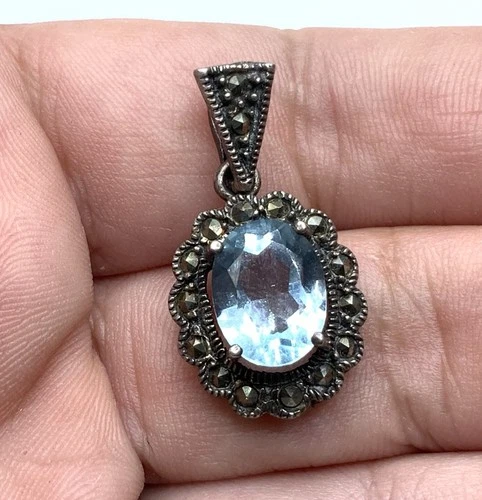 Vintage Deco Sterling Silver  Blue Topaz & Marcasites Halo Drop Pendant - 3.5g