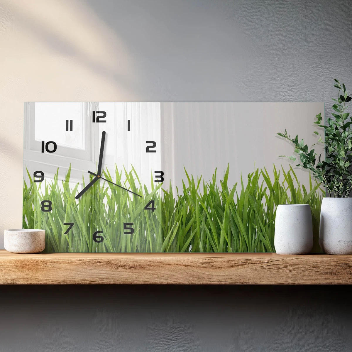 Reloj de Pared Rectangular Horizontal Cristal Templado de Diseño Hierba 60x30 cm