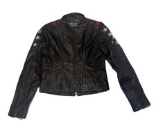 Women's Affliction Black Soft Leather Jacket Stars Design Biker Size SMALL NWT