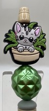 Beaded Pen, Cute Kitty In Flower Pot On Green Bead And Grey Bead,on Beige Pen